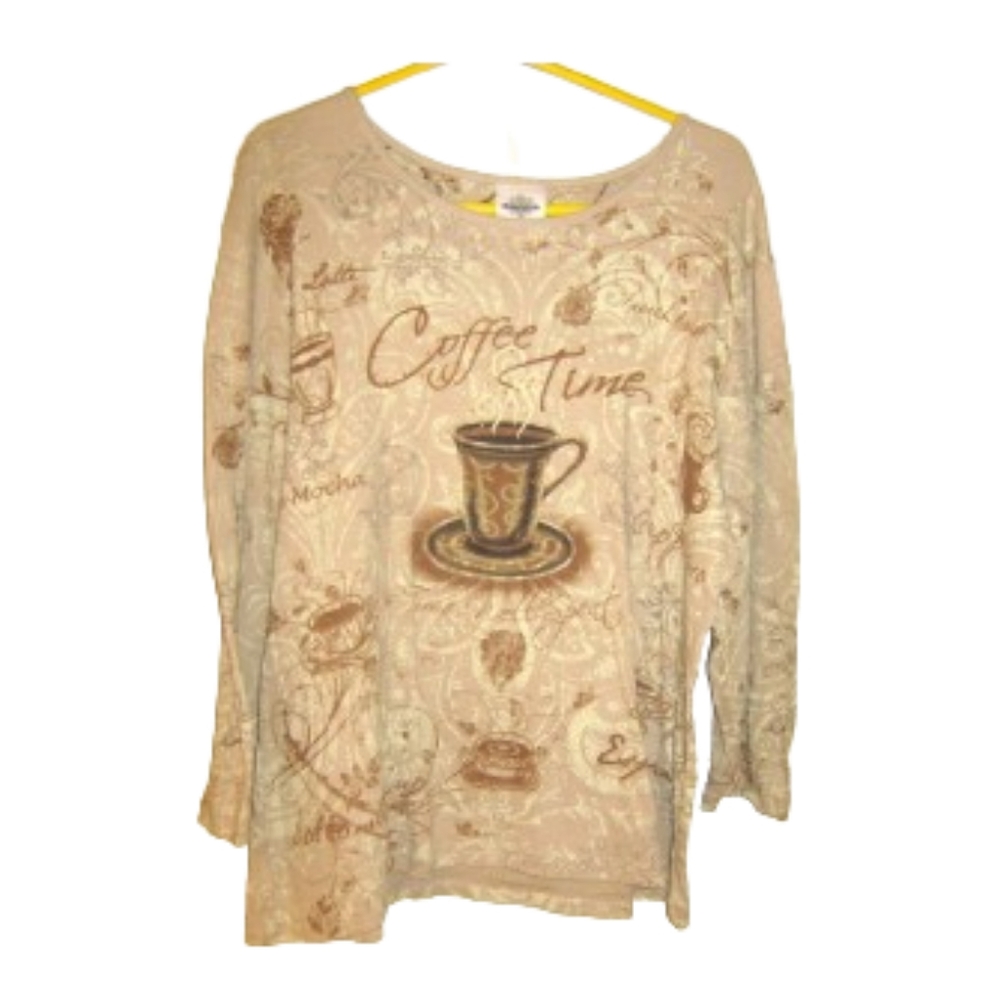 Coffee Time Graphic Top Size XXL Mocha Latte Espresso Print Long Sleeve‎ Beige